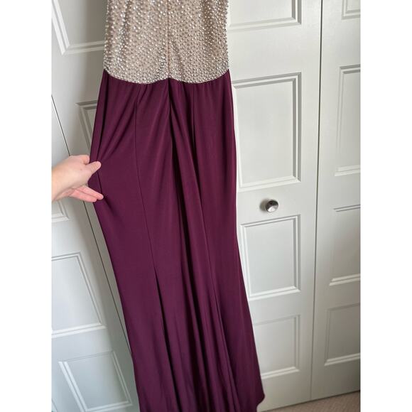 XSCAPE Illusion Cutaway High Neck Jersey Gown Maroon Caviar Beading #XS8264 - Picture 9 of 16